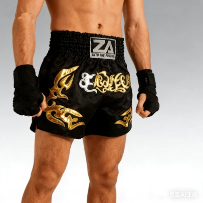 Black Muay Thai Shorts With Gold Floral Embroidery, Polyester Fabric, Wear-Resistant And Anti-Pilling, Men's And Women's Boxing Shorts, Combat Training Pants, Muay Thai Pants