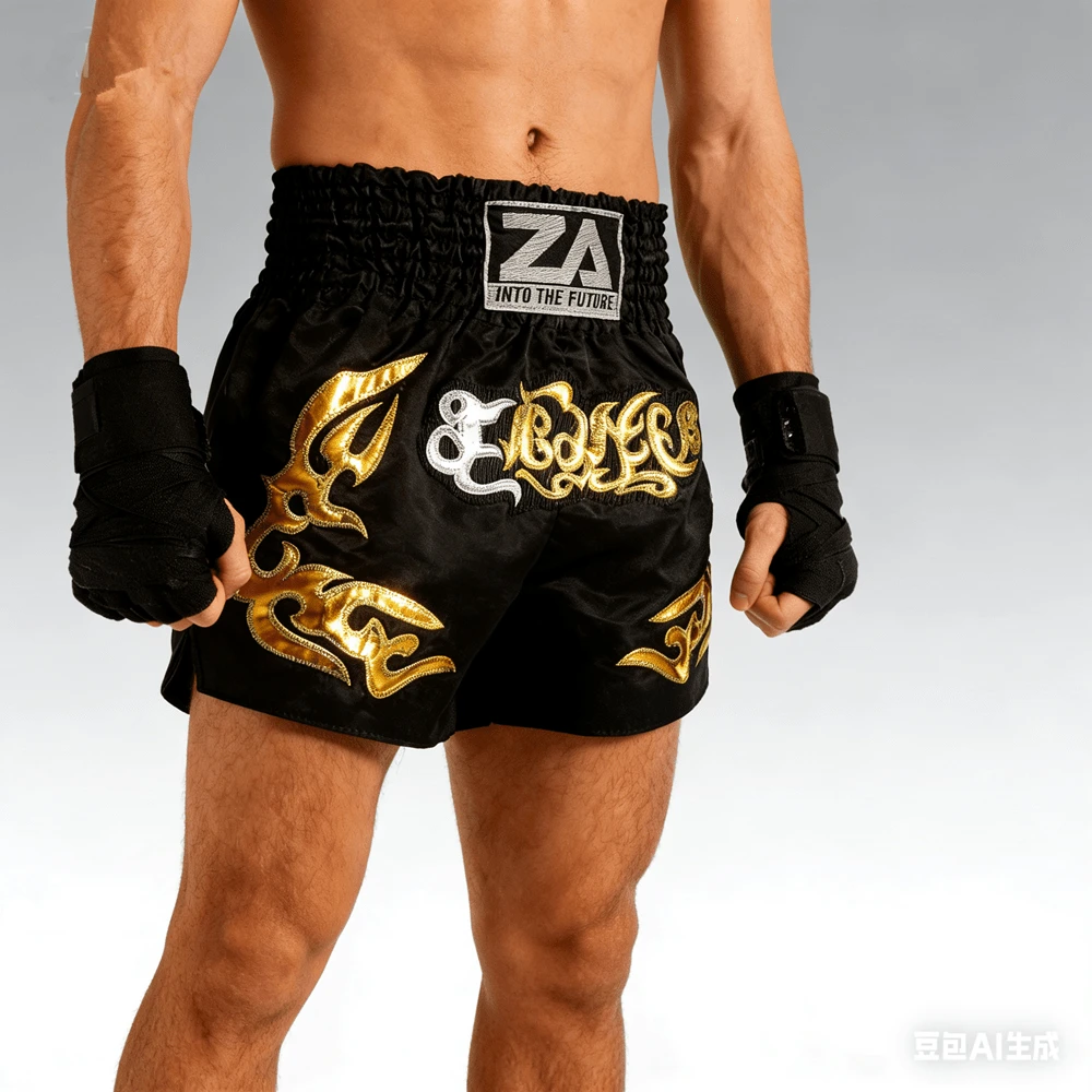 Black Muay Thai Shorts With Gold Floral Embroidery, Polyester Fabric, Wear-Resistant And Anti-Pilling, Men's And Women's Boxing Shorts, Combat Training Pants, Muay Thai Pants Spring Sports - Black - View 1