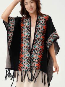 1件波西米亚风长款针织披肩围巾，女士时尚斗篷外套 - 黑色 - 查看 4