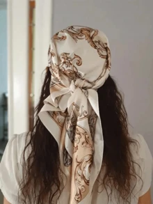 1pc Minimalist Printed Satin Scarf, New Spring Fashion Accessory Scarf, Suitable For Women, Can Be Used As A Waistband, Bag Decoration, Ribbon, Headband Or Scarf, An Ideal Choice To Enhance Your Overall Look. - 米色 - 查看 2
