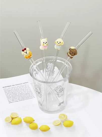 Creative Cartoon Cute Puppy Shaped Transparent Glass Straw, Reusable For Milkshake, Milk, Tea, Juice, Cocktail, Cold Drinks, Gift For Girlfriend, Dessert Shop, Soft Drink Bar, Office, Bar, Restaurant
