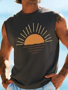 Minimalist Sunrise Painting Graphic Print Men's Casual Loose Fit Round Neck Tank Top, Summer New Arrival - Dark Grey - View 3