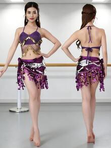 Women's Belly Dance Set Sequined Tassel Bra + Waist Chain Latin Dance Performance Practice Clothing Set - Multicolor - View 12