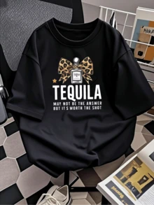 Camiseta Gráfica Tequila Leopard para Mujer, Divertida, Estampada, de Algodón, Blusas Cómodas para Dama Casual - Negro - Ver 2