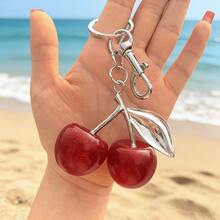 1pc Cherry Keychain Bag Charm - Car Cherry Accessory Keyring, Women's Christmas/Valentine's Day Gift - Silver+Red - View 3