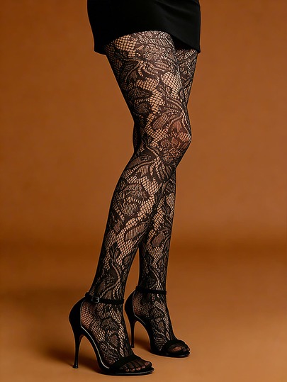 1双性感树叶图案黑色透明网袜，完美适合新娘婚礼季