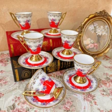 Bộ 6 tách và đĩa cà phê bằng gốm mạ vàng họa tiết hoa văn trang nhã, thích hợp cho bữa sáng của các cặp đôi, tách espresso kiểu Thổ Nhĩ Kỳ/Hy Lạp/Ả Rập, phù hợp cho bữa sáng, phụ nữ, nam giới, người lớn, các cặp đôi hoặc tiệc trà, trà chiều, tại nhà, ngoài vườn, quán cà phê, làm quà tặng bạn bè, quà tốt nghiệp, quà Eid Mubarak. - Nhiều màu - Xem 8