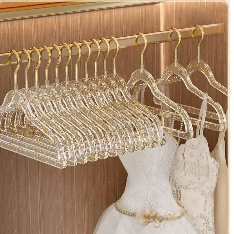 Transparent Gold Powder Acrylic Crystal Clothes Hanger, Seamless Plastic Garment Hanger, Women's Clothing Organizer
