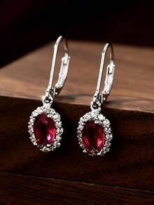 1对S925纯银耳环，镶嵌合成锆石，优雅红色水滴形设计，高品质女士珠宝 - 銀色 - 查看 4