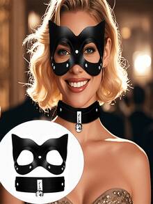 Women's Cat Leather Mask & Collar Set, Black Half Face Masquerade Mask Cosplay Props For Halloween - Black - View 8
