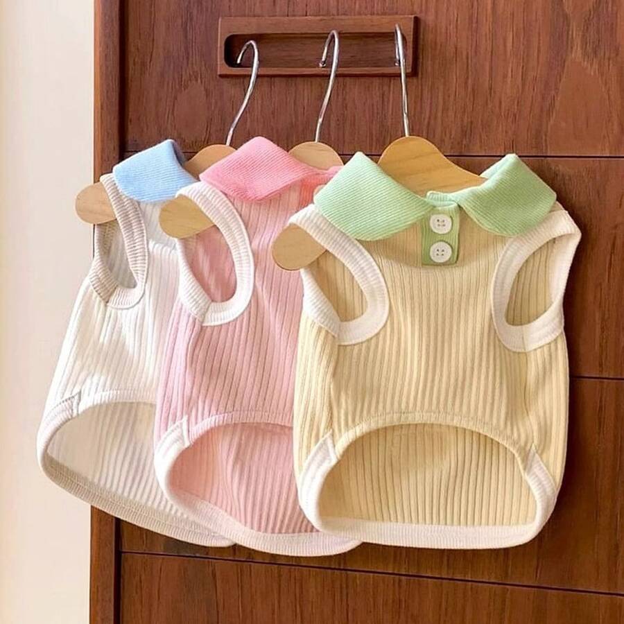 1 buah Kaos Kasual Kerah Blok Warna Macaron Lucu untuk Anjing Kecil/Sedang, Cocok untuk Poodle, Teddy, Pakaian Hewan Peliharaan - Berwarna merah muda - View 1