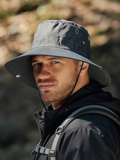 1pc Men's Lace-Up Bucket Hat, Windproof, UV Protection, 3D Design, Fashionable & Versatile, Breathable, Multi-Functional, Flattering, Suitable For Beach, Outdoor, Hiking, Cycling (Random Drawstring & Button)