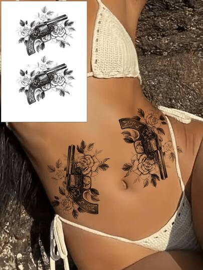 1pc Floral Gun Pattern Temporary Tattoo, Fashionable Flower Gun Design, Novel Black Tattoo Sticker, Waterproof & Authentic, Suitable For Waist, Leg, Arm And Other Areas, Unisex, Herbal Crafted, Lasting 7-14 Days, Easy To Apply And Remove, Can Cover Scars.