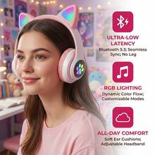 350mAh渐变灯光猫耳耳机，头戴式耳机，猫耳造型，电脑游戏通用，游戏配件，可爱礼物 - 查看 1