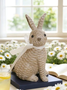 Escultura decorativa de escritorio con diseño de conejo adorable, hecho de material de vid, decoración de Pascua para el hogar, jardín y habitación de niños - A - Ver 7