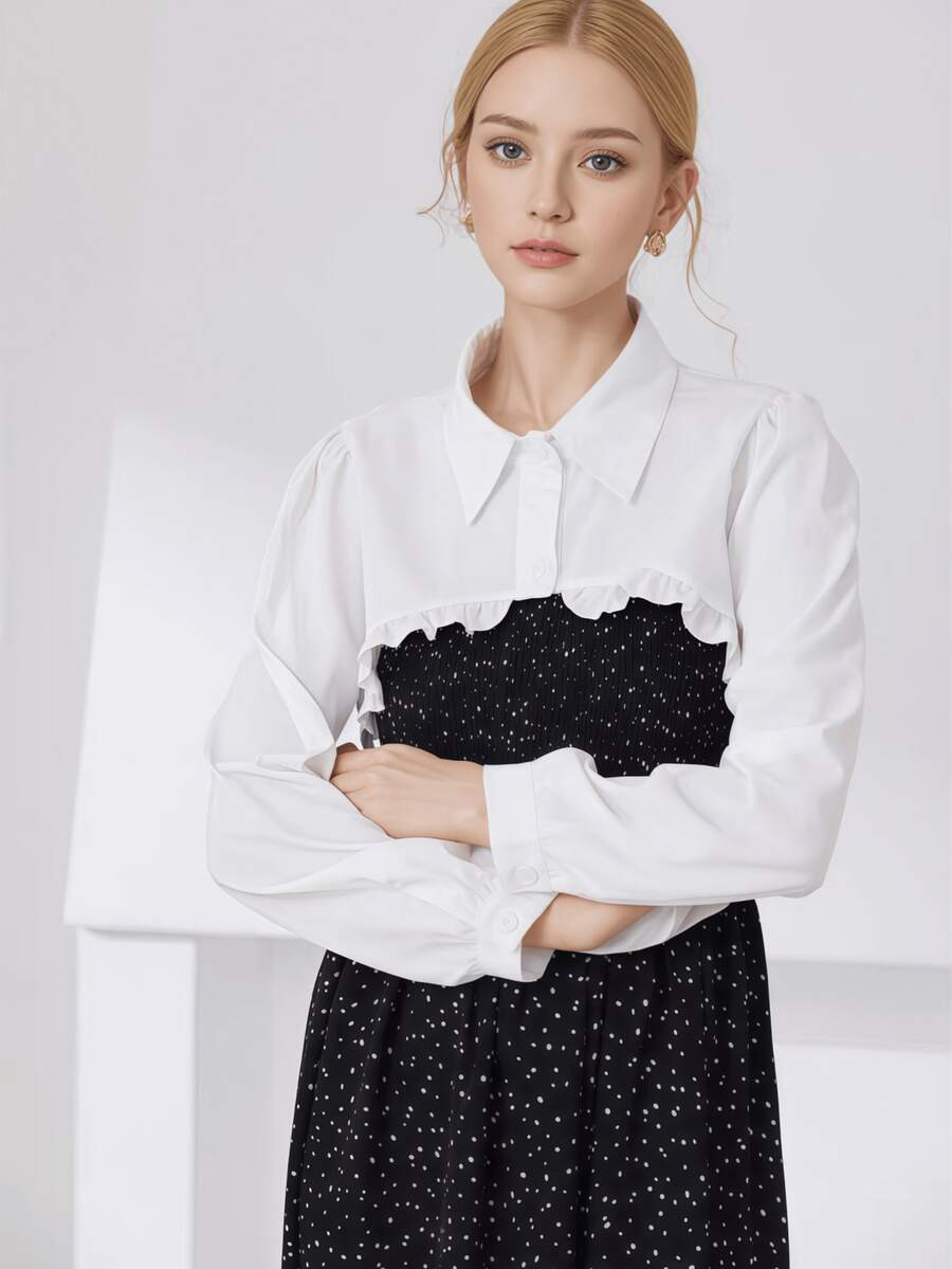 1pc Women Casual Solid White Button Ruffle Collar Long Sleeve Non-Stretch Shawl Collar Blouse, Suitable For Autumn/Winter Holiday And Daily Wear - White - View 1