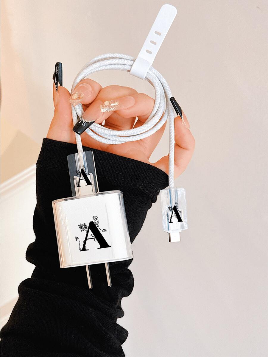 Minimalist Alphabet Letter A Floral Pattern Apple 20W Charger And Data Cable Protector Case Compatible With 20W Apple Charger Fits 20W Phone 15/16 Pro Max Charging Cable Protector Scratch Resistant Bite Resistant Suitable For 13/14 Plus/17/16 PROMAX Women Birthday Gift Cover - Clear - View 1