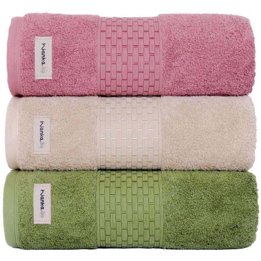 Set Of 3 Extra Large Thick And Soft Bath Towels | Milano 100% Cotton 600g - Green, Beige and Wine - View 1
