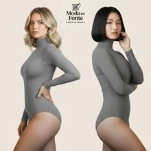 Women's Basic Second Skin Bodysuit Set With High Neck And Long Sleeves - High Fashion Blogger Style - 兩件套(灰色+灰色) - 查看 8