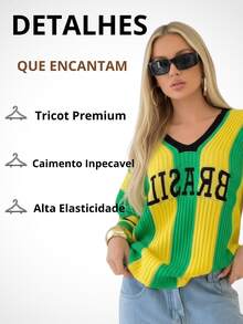 Brazil Women's Knit Crochet Shirt With V-Neck, World Cup Style, Green And Yellow Blouse, Brazil National Team Fashion - Màu vàng - Xem 2