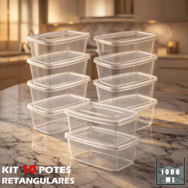 Kit 10 Potes 1000ML Transparentes Herméticos Freezer Microondas BPA Free
