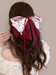 Cute Cherry Bow Ribbon Hair Claw Clip, Hair Claw Bun Hairstyle Accessory - Red and White - View 5