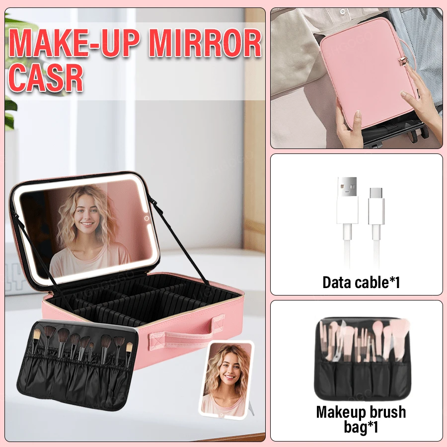 1 Piece - Portable And Stylish Makeup Bag, Cherry Blossom Pink/High-End Black, Built-In LED Rechargeable Mirror, 3 Adjustable Mirror Brightness Levels (Long Press To Adjust), 1200mAh Battery Capacity, USB 5V Power Supply, Portable Large-Capacity Cosmetic Storage Box With Adjustable Dividers, Makeup Brush Storage Bag, Suitable For Home, Travel And Hotel Use, A Perfect Holiday Surprise Gift For Girls. - 粉色 - 查看 1