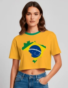 Cropped Feminina Estampa Ordem E Progresso 1 Casual Treino Academia Diversas Cores Hexa Copa - Amarela Gola Verde - Visão 3