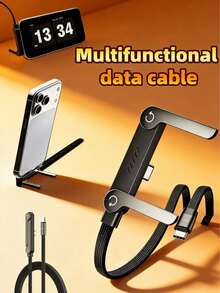 合金金属支架 Type-C 手机充电线，带手机支架，快充数据线，妇女节周年纪念礼物 - 黑色 - 查看 2