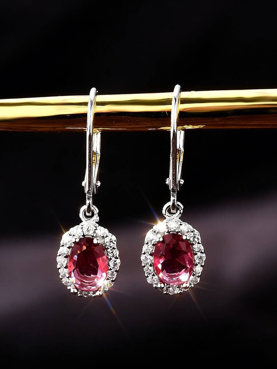 1对S925纯银耳环，镶嵌合成锆石，优雅红色水滴形设计，高品质女士珠宝 - 銀色 - 查看 1