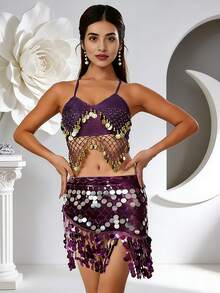Belly Dance & Carnival Party Bra & Hip Scarf Set Halter Neck With Sequin Coin Tassel Dance Practice & Stage Party Outfit (Multiple Colors Available) - Multicolor - View 5
