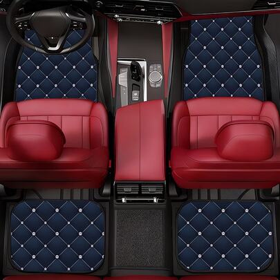 4 piezas Alfombrillas de coche con estampado de rombos azules, adecuadas para sedanes, camiones, SUV, opción de regalo ideal. Estas alfombrillas son duraderas y de larga duración, accesorios perfectos para el interior del coche.