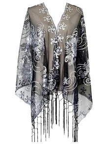 1 pièce/Châle brodé transparent pour femmes, design de chrysanthème doré avec paillettes et franges, vêtement d'extérieur léger et translucide, convient pour la mariée, la demoiselle d'honneur, le mariage, la soirée, la fête de cocktail, l'assortiment de robe de bal - Multicolore - Voir 16