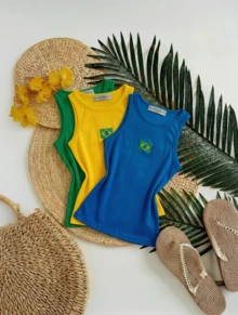 Set Of 3 Tank Tops With Embroidered Brazilian Flag - Blue/Yellow/Green - View 3