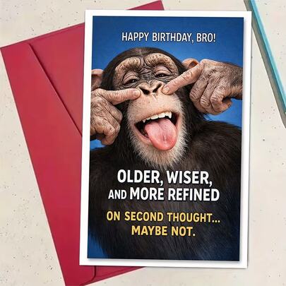 1pc Funny Greeting Card For Brother | Featuring A Playful Chimpanzee Making A Silly Face, Ideal For Light-Hearted Birthday Wishes, Made Of Paper