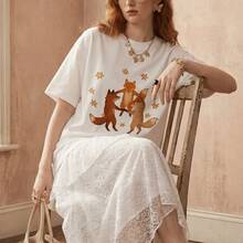 Cute Mystic Foxes Vintage Cottagecore Stars T-Shirt In 100% Cotton With Premium Print - 白色 - 查看 3