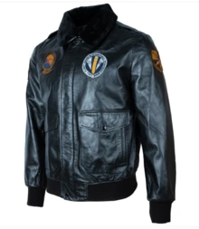 AVIATRIX Men's Real Leather Aviator Bomber Jacket With Fur Collar B406 - Black - View 2