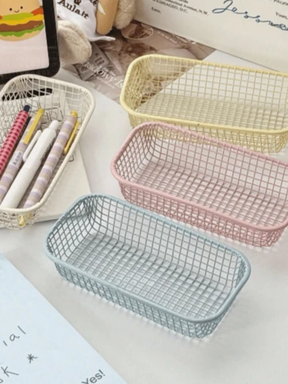 1/4PCS Cream-Colored Iron Wire Storage Basket For Ins Aesthetic, Multi-Set And Multi-Color Organization, Versatile Desktop Office And Student Supplies Organizer, Pen Holder