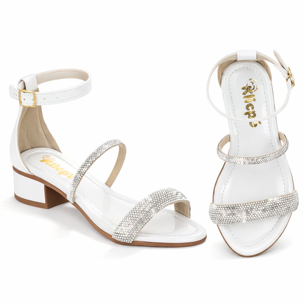 Girls' Low Chunky Heel Sandal With Rhinestones And Straps For Parties - Klicpé - 白色 - 查看 1