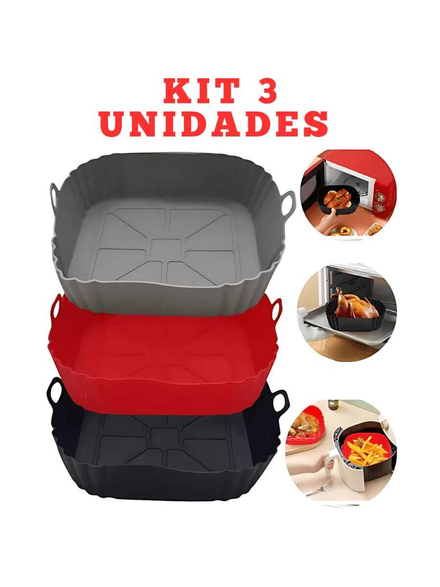 Kit 3 Formas de Silicone 16x16cm Assadeira Air Fryer e Forno Forma para Fritadeira Elétrica com Alça - Quadradoo - Visão 1