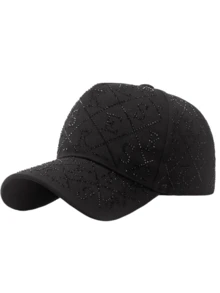1pc Solid Color Luxury Rhinestone Letter Baseball Cap, Sparkling Texture, Suitable For Casual, Outdoor Sun Protection, Made Of Polyester Fiber, Suitable For All Seasons, Holiday Gift,Summer,Beach - Black - View 6