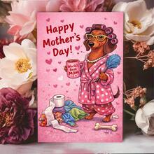 1pc Mother'S Day Greeting Card | Cartoon Sausage Dog In Robe Holding Coffee And Feather Duster Saying "World'S Best Mom" | Invitation Pocket, Paper Material - Multicolor - View 9
