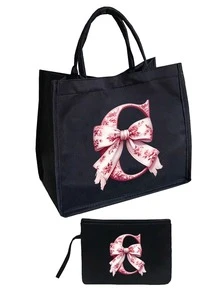 粉色花卉蝴蝶结字母亚麻手提包套装，含拉链化妆包，情人节礼物，女友礼物，多功能便携手提包，教师节礼物，女士礼物，字母印花手提包，化妆包，精美旅行沙滩包 - 彩色 - 查看 14