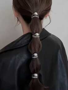 6个装女士简约百搭金银色球形发圈，高弹力发带，适用于丸子头、马尾辫，不伤发。 - 銀色 - 查看 5