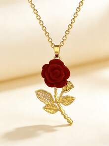 1件不锈钢玫瑰花吊坠项链，百搭奢华优雅水钻颈链，适合日常/派对/节日/生日/音乐节佩戴，珠宝礼品 - 彩色 - 查看 2