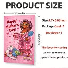 1pc Mother'S Day Greeting Card | Cartoon Sausage Dog In Robe Holding Coffee And Feather Duster Saying "World'S Best Mom" | Invitation Pocket, Paper Material - Multicolor - View 3