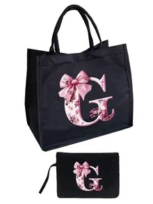 粉色花卉蝴蝶结字母亚麻手提包套装，含拉链化妆包，情人节礼物，女友礼物，多功能便携手提包，教师节礼物，女士礼物，字母印花手提包，化妆包，精美旅行沙滩包 - 彩色 - 查看 20