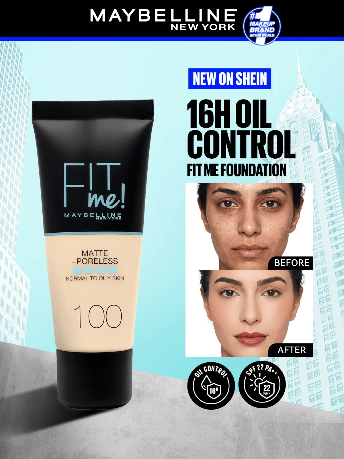 Maybelline Fit Me Matte & Poreless Foundation, 100 Warm Ivory, 1oz/30ml, For Normal To Oily Skin, Oil-Free, Long Lasting Makeup, Foundation, Oil-Free Foundation, Matte, 1oz/30ml-Matte, Foundation, Long-Lasting, Oil-Free, Makeup Base, Skin Care, Summer Makeup - Warm Ivory - View 1