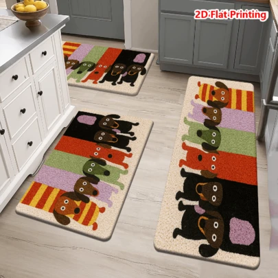 1/2/3Pcs Dachshund Printed Kitchen Mat, 2D Flat Printing Cartoon Animal Dog Pattern Carpet For Home Living Room Bedroom Hallway Decoration