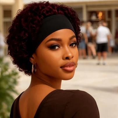 Peluca pixie de diadema de cabello humano, peluca corta rizada de color borgoña 99J pixie cut para mujeres, peluca sin encaje, lista para usar y llevar, peluca de cabello humano de aspecto natural